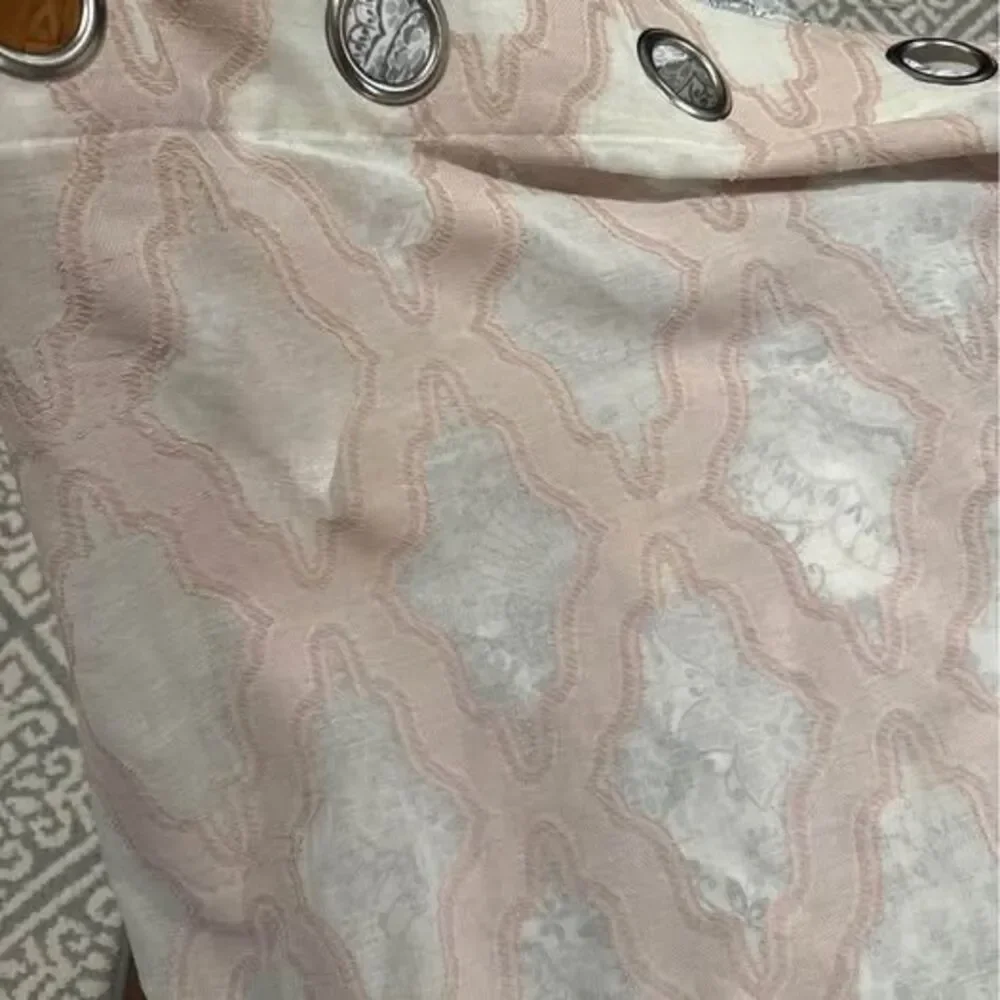 Two linen-blend blush pink embroidered curtain panels, 50x84, EUC